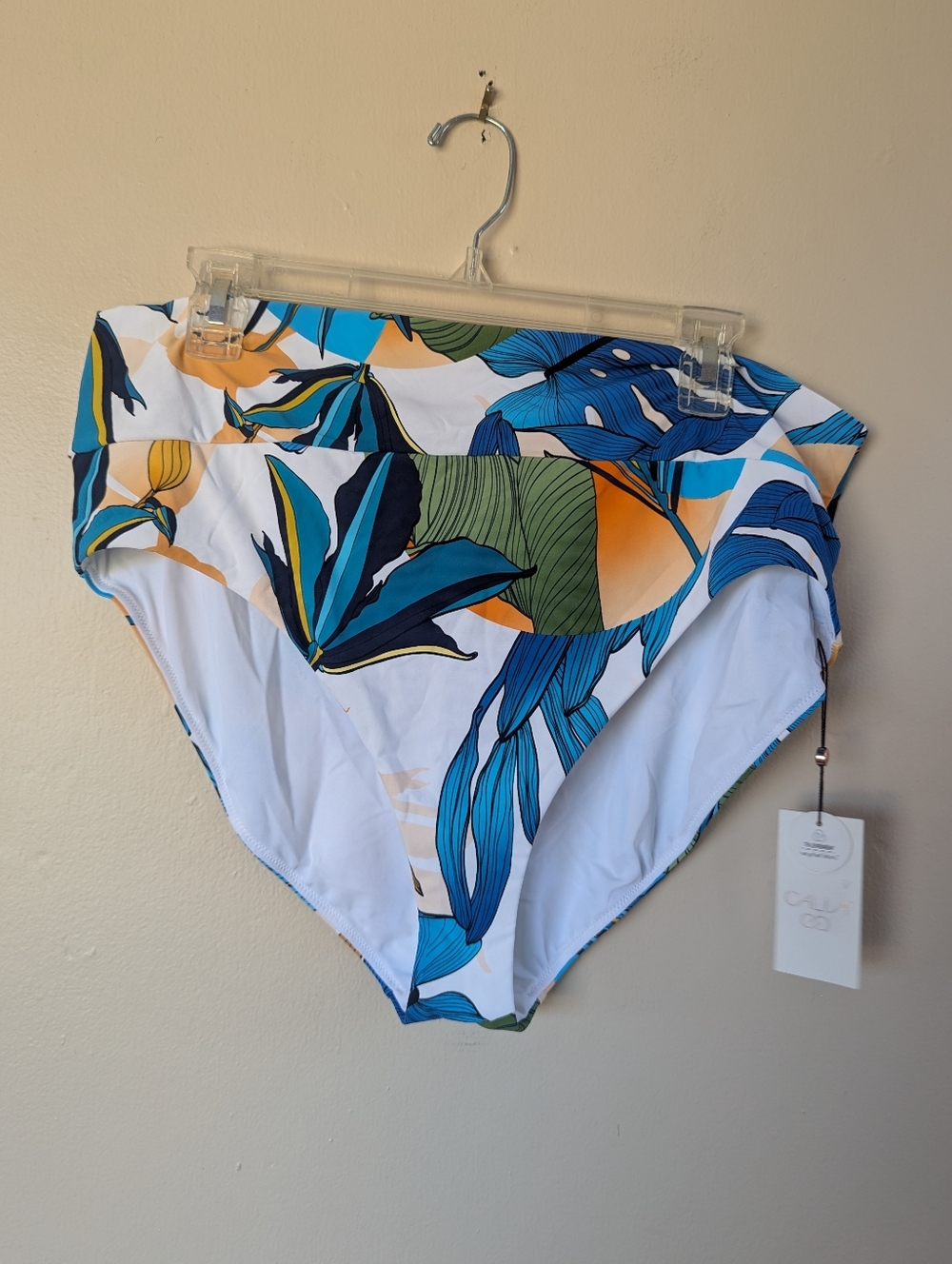 NWT! CALIA Wide Banded High Rise Swim Bottoms, Botanical Print White (SIZE XXL)